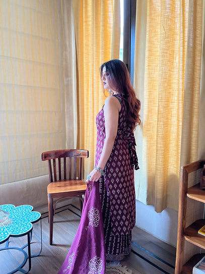 Aadesh Fashion Plum Purple Sleeveless Rayon Slub Kurti Palazzo Set with Chanderi Dupatta