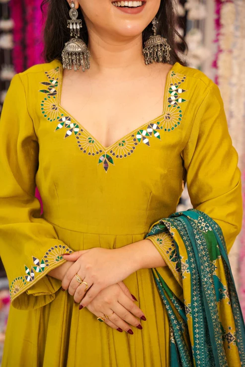 Aadesh Fashion Muskan Mustard Yellow PV Chanderi Silk Flared Anarkali Suit Set
