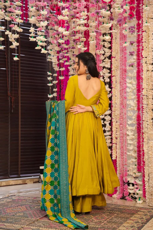 Aadesh Fashion Muskan Mustard Yellow PV Chanderi Silk Flared Anarkali Suit Set