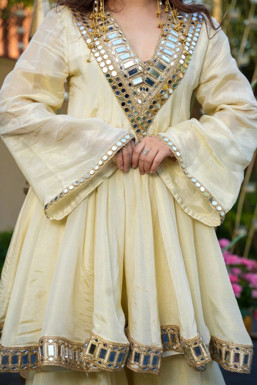 Aadesh Fashion Cream Heavy Mirror Work Chinon Silk Short Anarkali Sharara Set