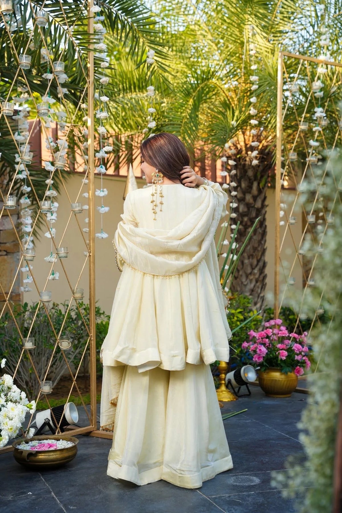 Aadesh Fashion Cream Heavy Mirror Work Chinon Silk Short Anarkali Sharara Set