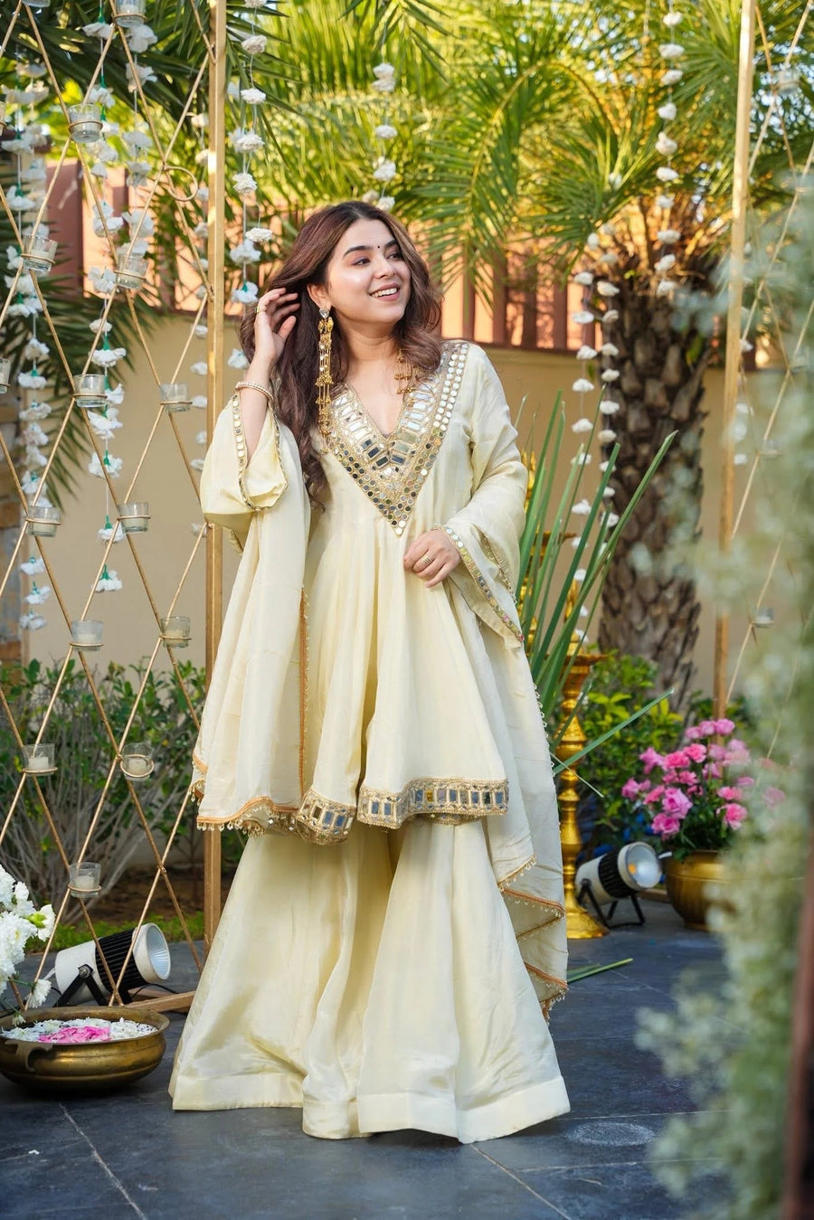 Aadesh Fashion Cream Heavy Mirror Work Chinon Silk Short Anarkali Sharara Set