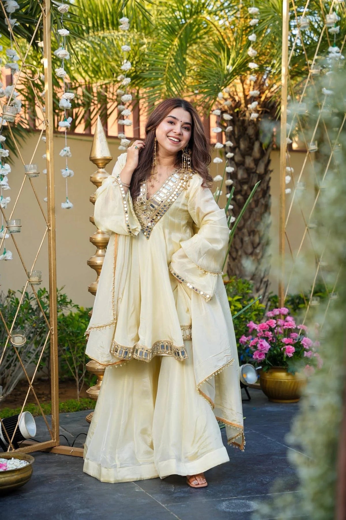 Aadesh Fashion Cream Heavy Mirror Work Chinon Silk Short Anarkali Sharara Set