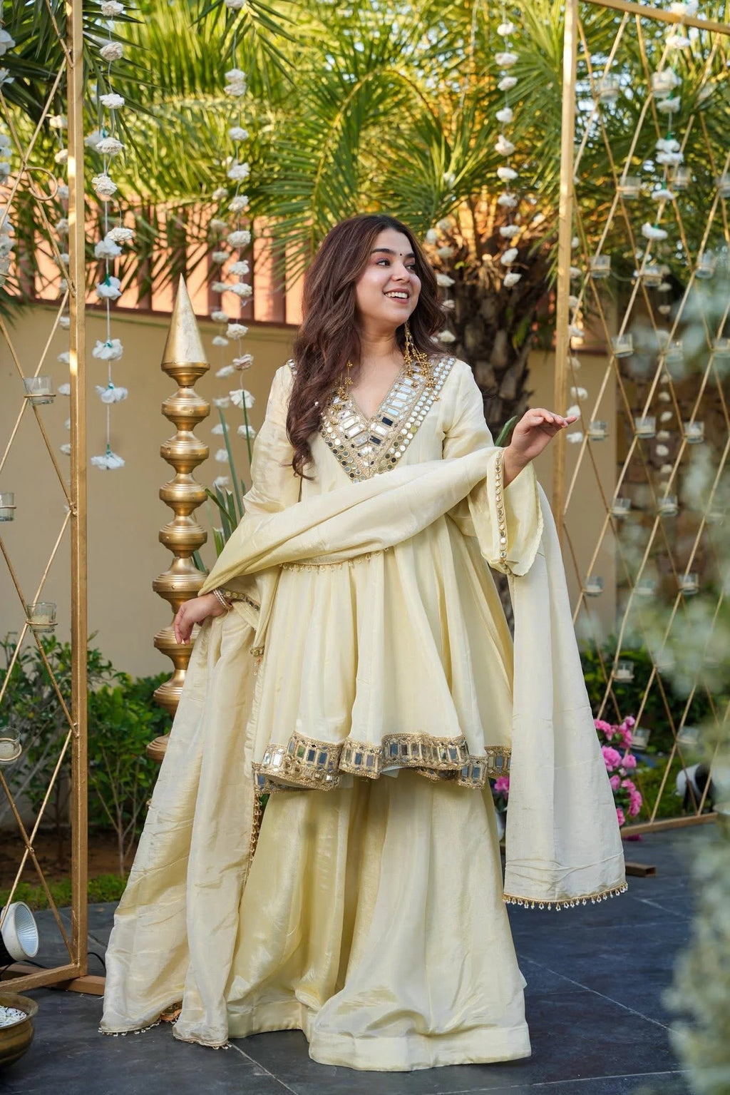 Aadesh Fashion Cream Heavy Mirror Work Chinon Silk Short Anarkali Sharara Set