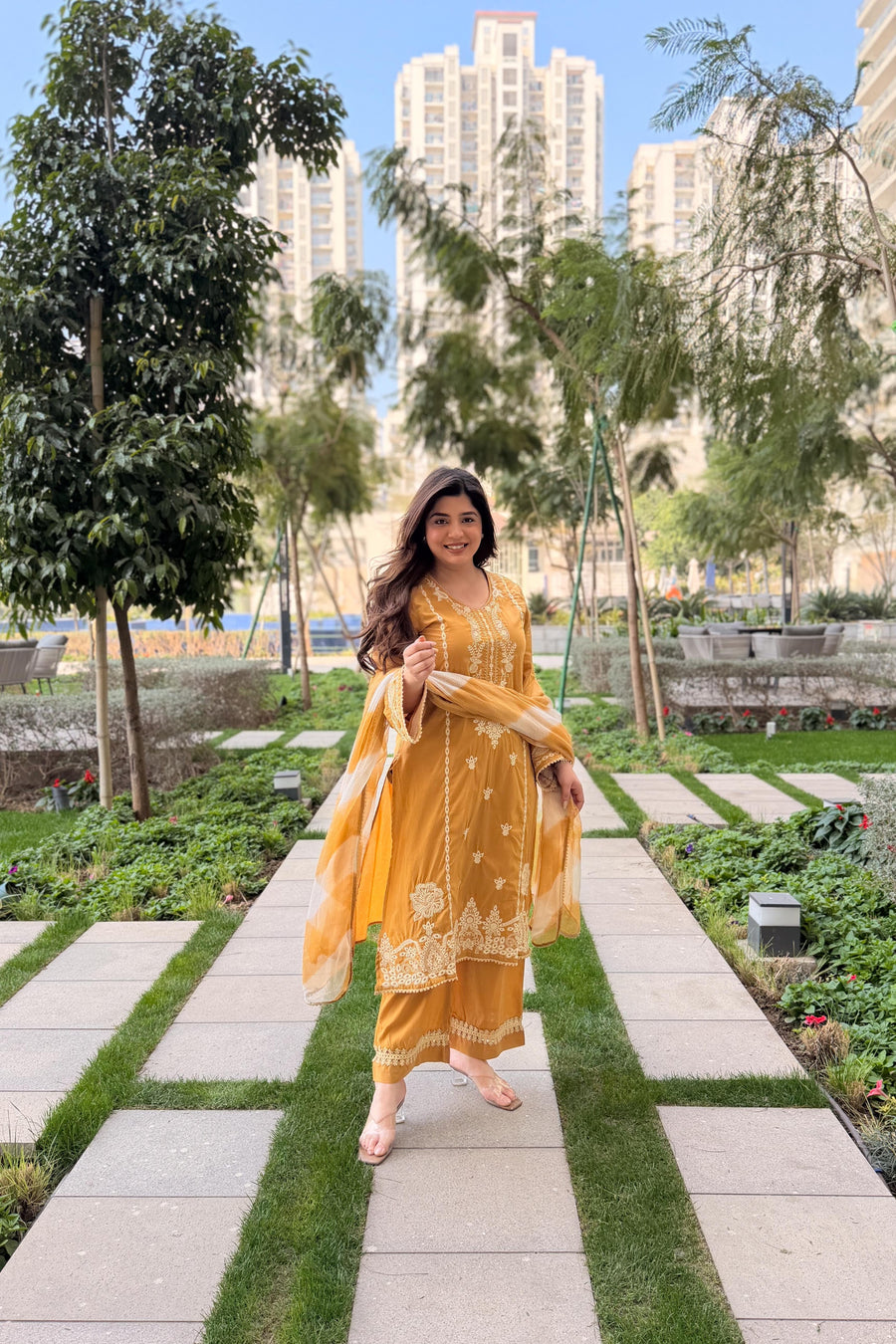 Aadesh Fashion Mustard Yellow Roman Silk Kurti Pant Set with Kota Checks Dupatta