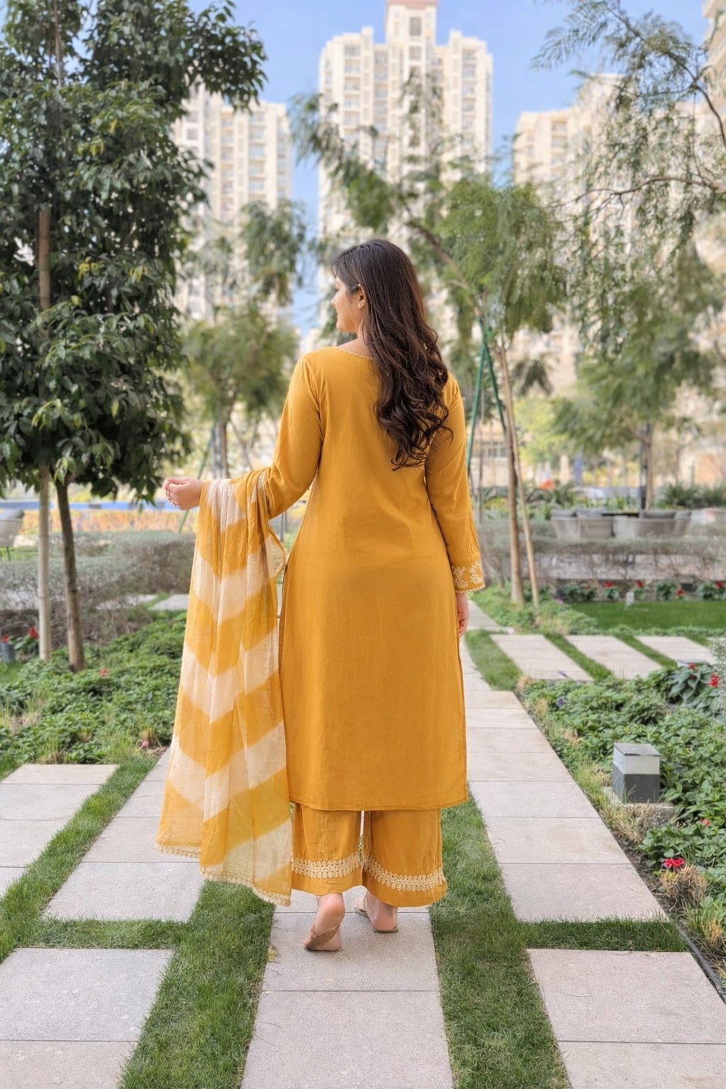 Aadesh Fashion Mustard Yellow Roman Silk Kurti Pant Set with Kota Checks Dupatta