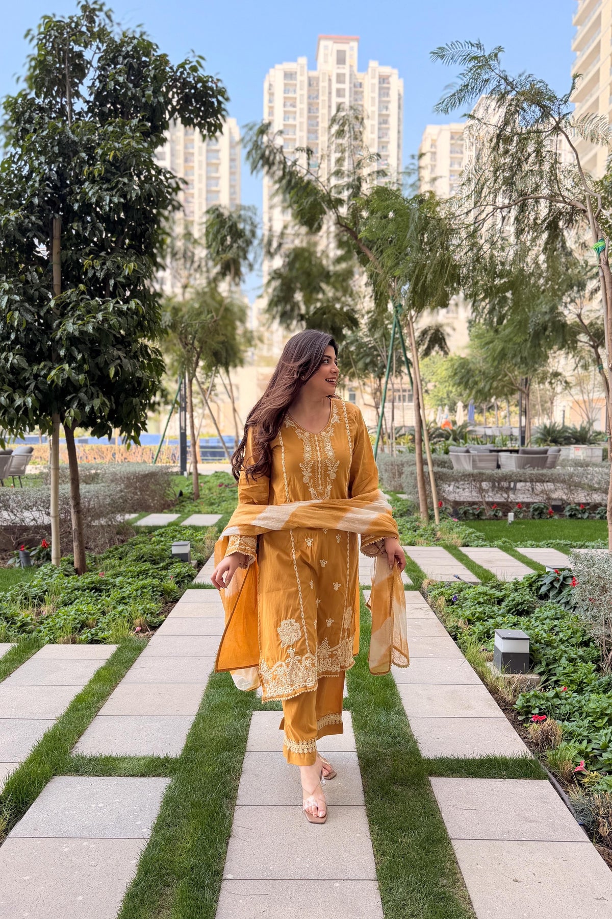Aadesh Fashion Mustard Yellow Roman Silk Kurti Pant Set with Kota Checks Dupatta
