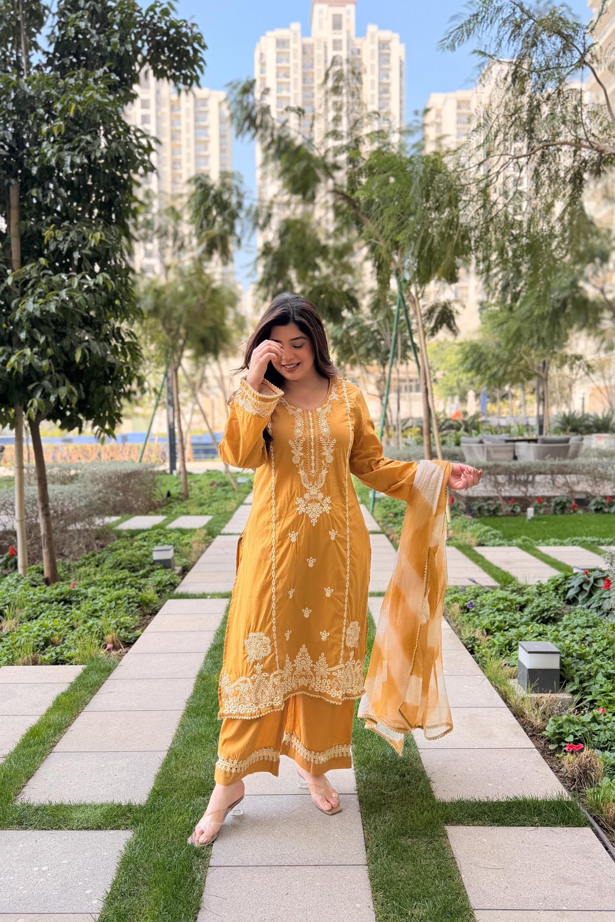 Aadesh Fashion Mustard Yellow Roman Silk Kurti Pant Set with Kota Checks Dupatta