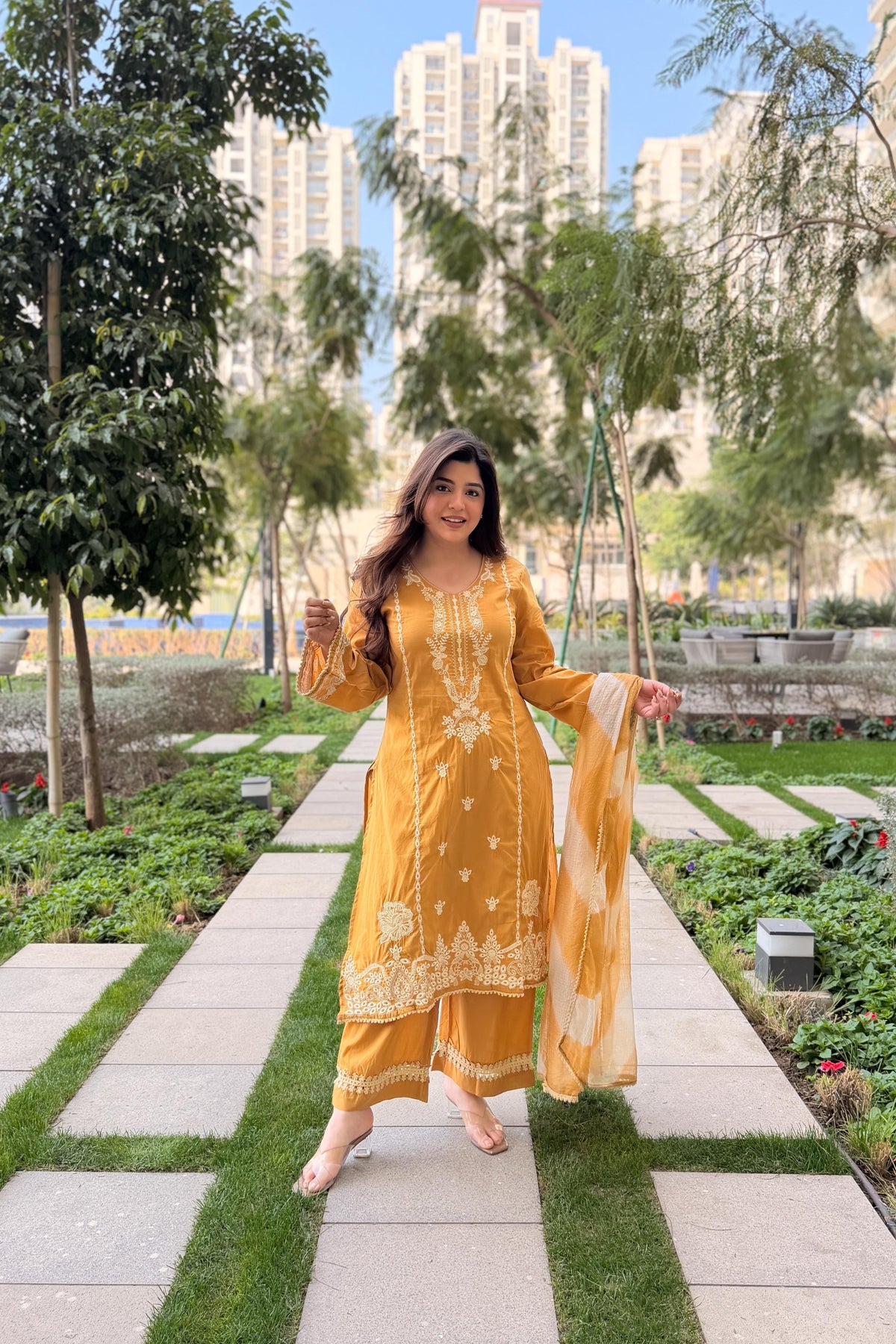 Aadesh Fashion Mustard Yellow Roman Silk Kurti Pant Set with Kota Checks Dupatta