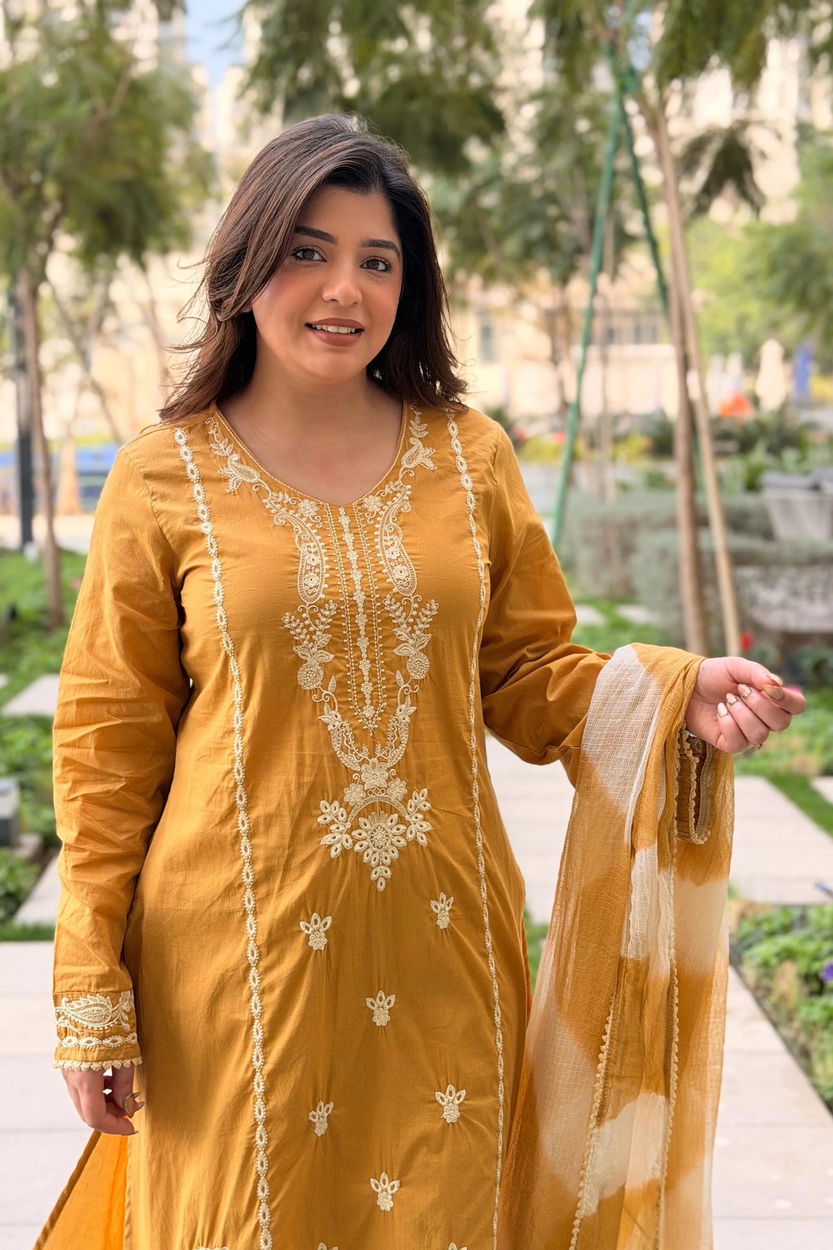 Aadesh Fashion Mustard Yellow Roman Silk Kurti Pant Set with Kota Checks Dupatta