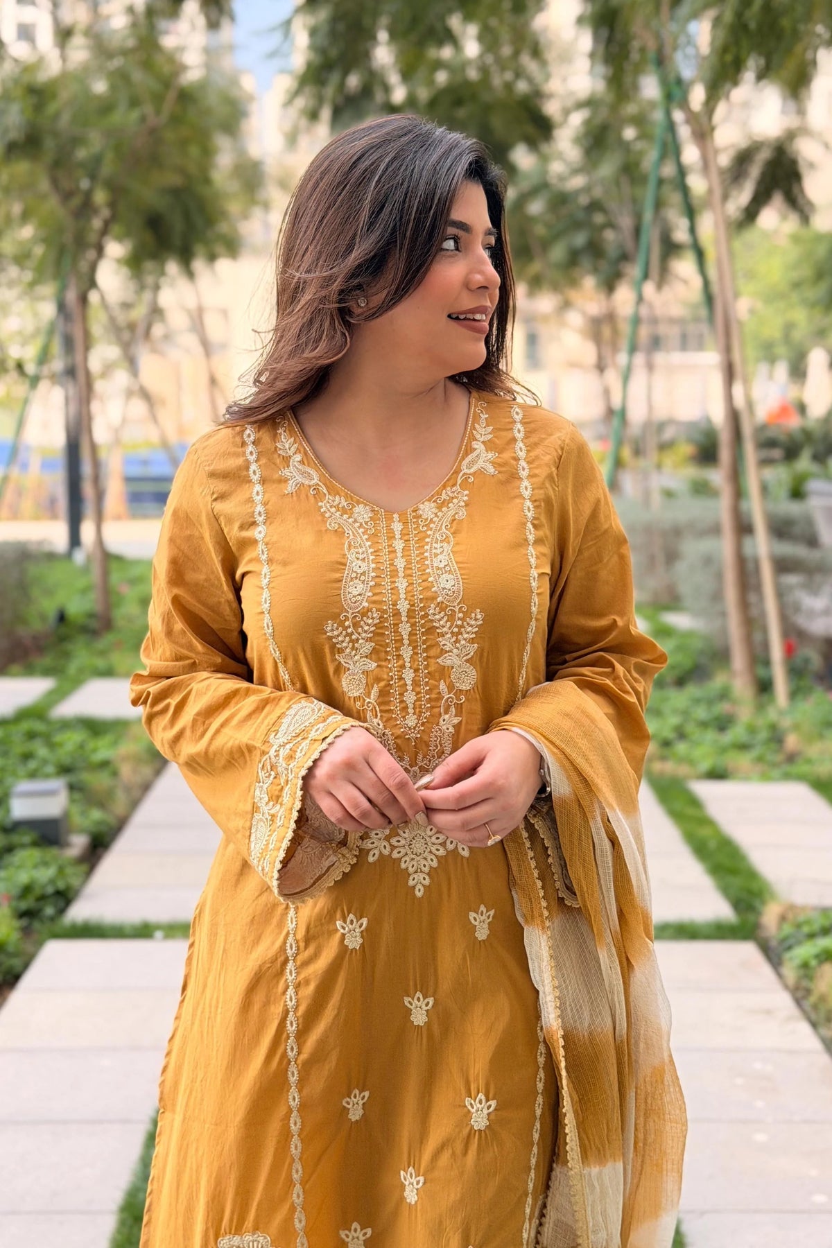 Aadesh Fashion Mustard Yellow Roman Silk Kurti Pant Set with Kota Checks Dupatta
