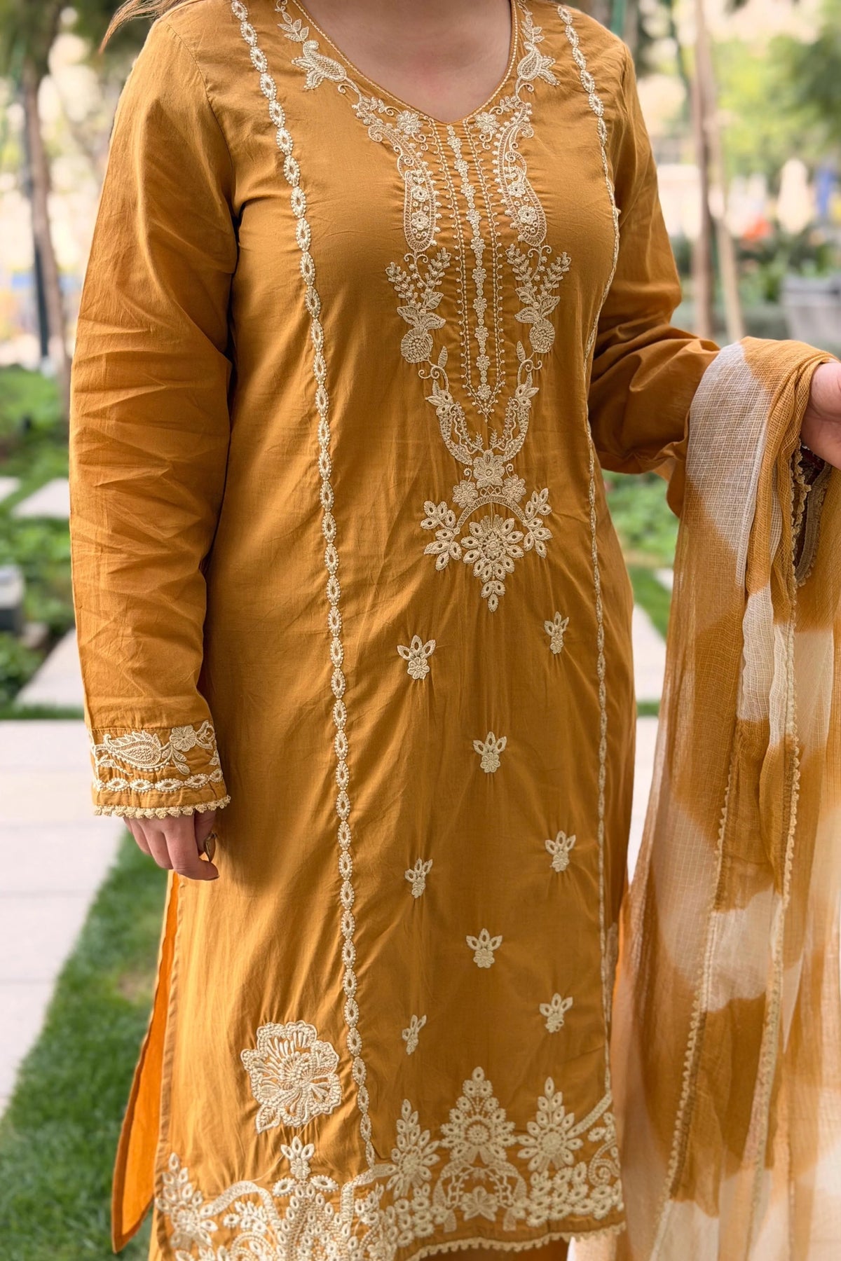 Aadesh Fashion Mustard Yellow Roman Silk Kurti Pant Set with Kota Checks Dupatta