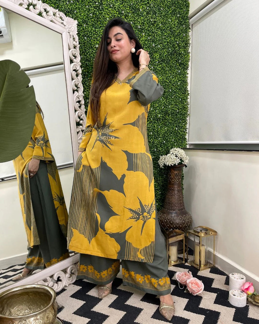 Aadesh Fashion Kiyara Mustard Yellow & Olive Green Rayon Printed Co-ord Set