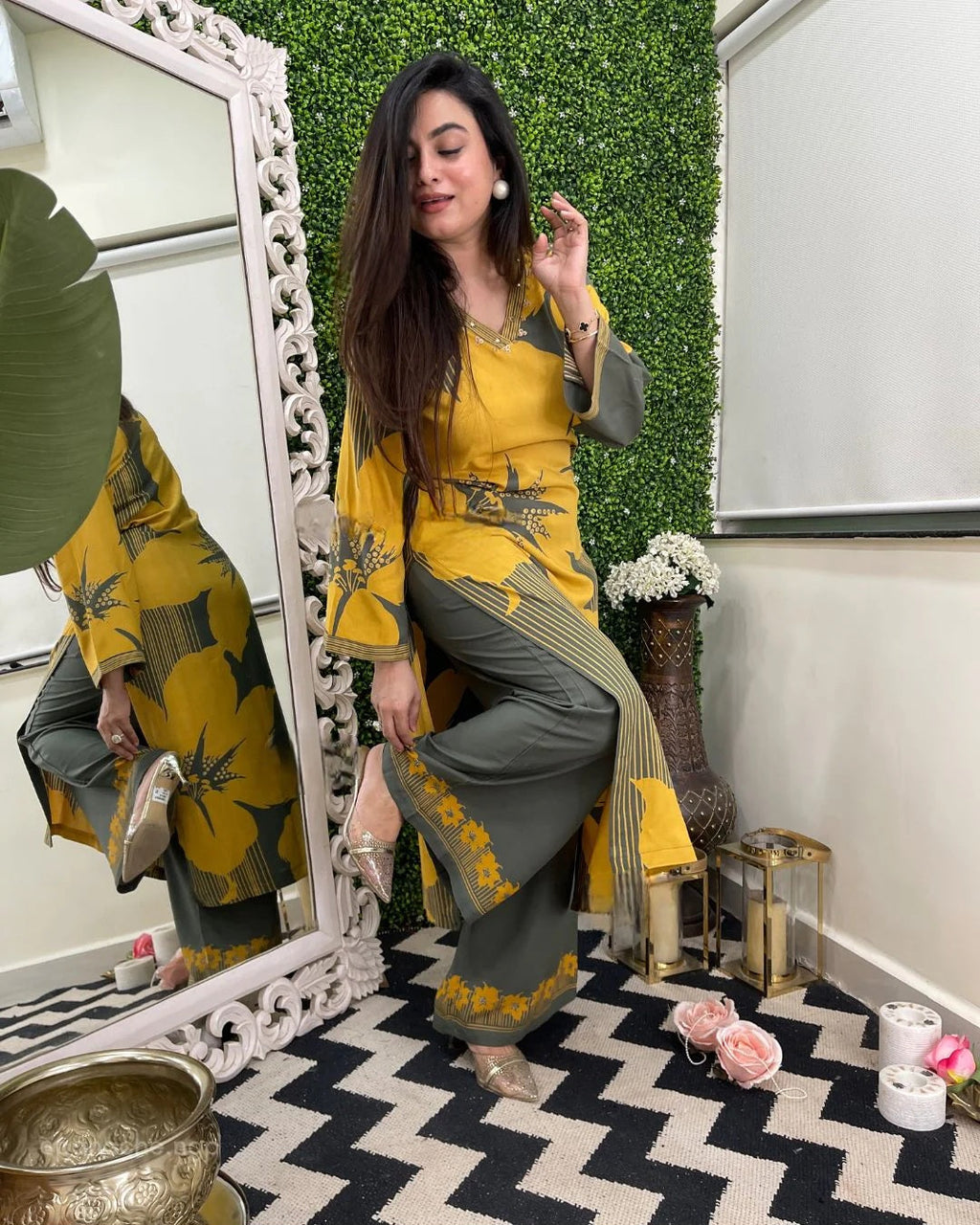 Aadesh Fashion Kiyara Mustard Yellow & Olive Green Rayon Printed Co-ord Set