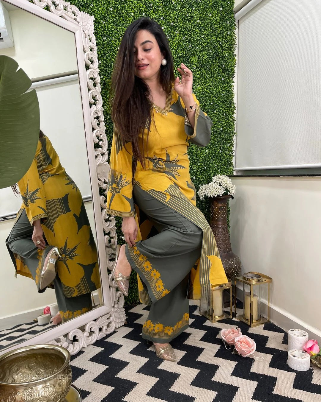 Aadesh Fashion Kiyara Mustard Yellow & Olive Green Rayon Printed Co-ord Set