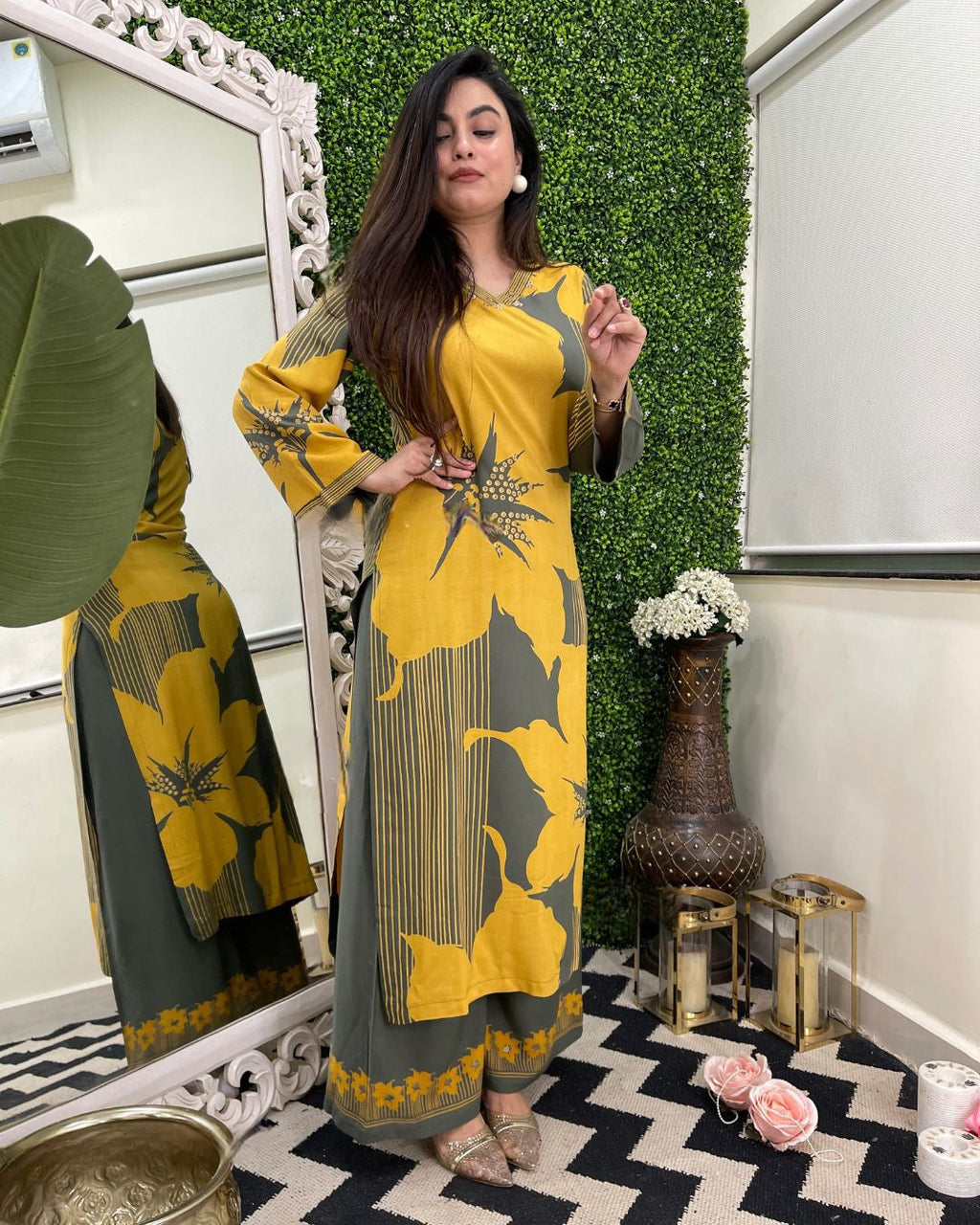 Aadesh Fashion Kiyara Mustard Yellow & Olive Green Rayon Printed Co-ord Set