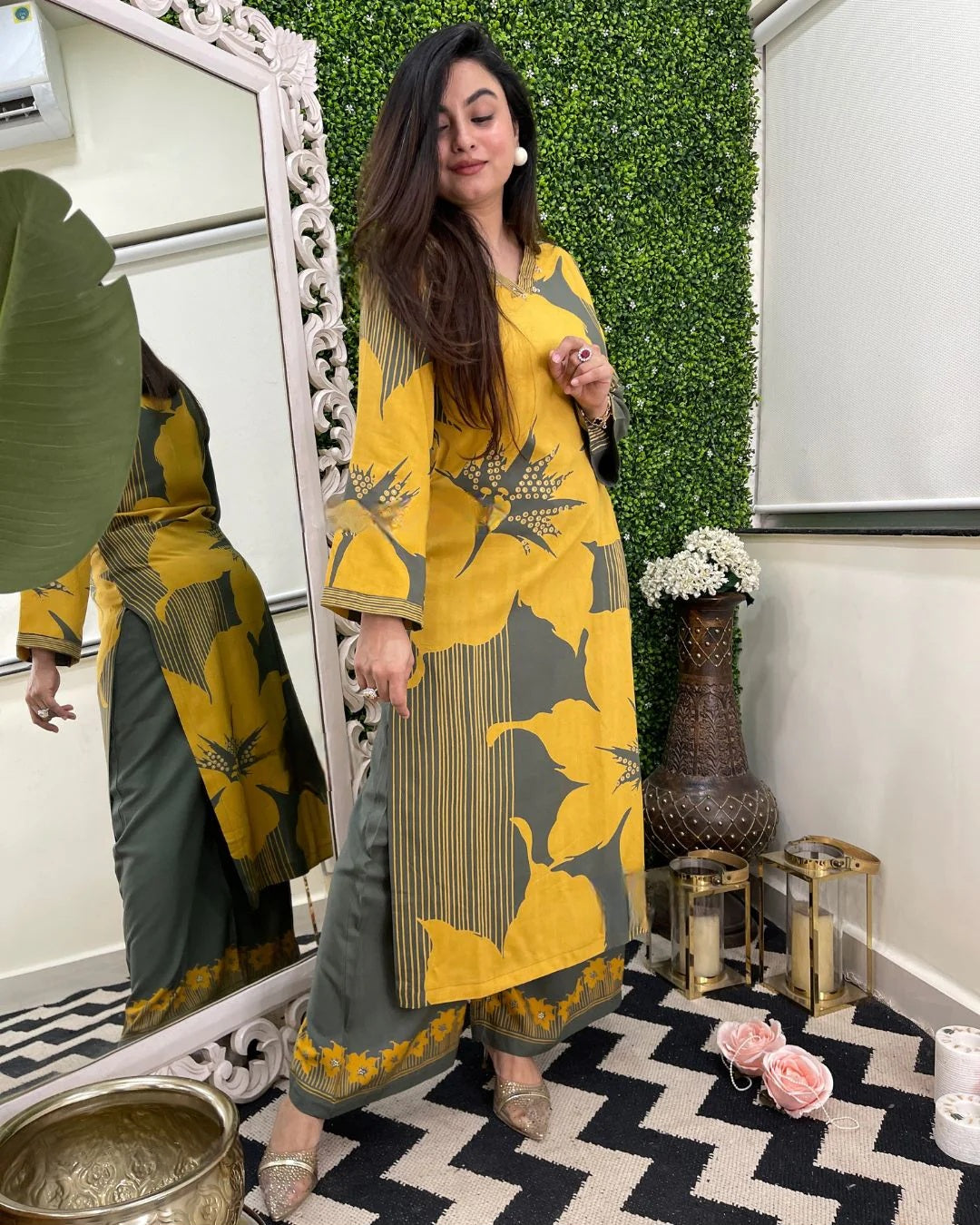 Aadesh Fashion Kiyara Mustard Yellow & Olive Green Rayon Printed Co-ord Set