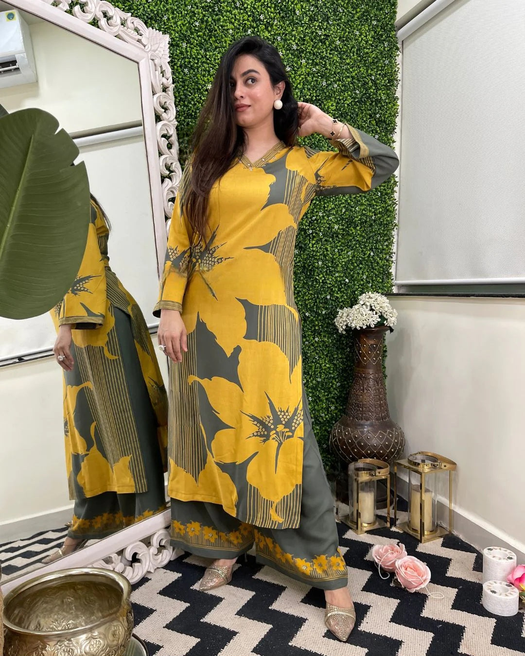 Aadesh Fashion Kiyara Mustard Yellow & Olive Green Rayon Printed Co-ord Set