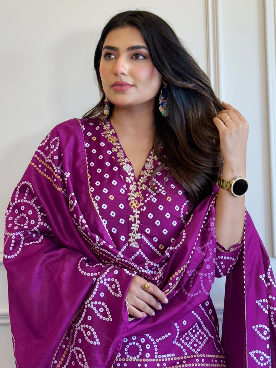 Aadesh Fashion Purple Viscose Bandhani Kurti Pant Set with Chanderi Dupatta