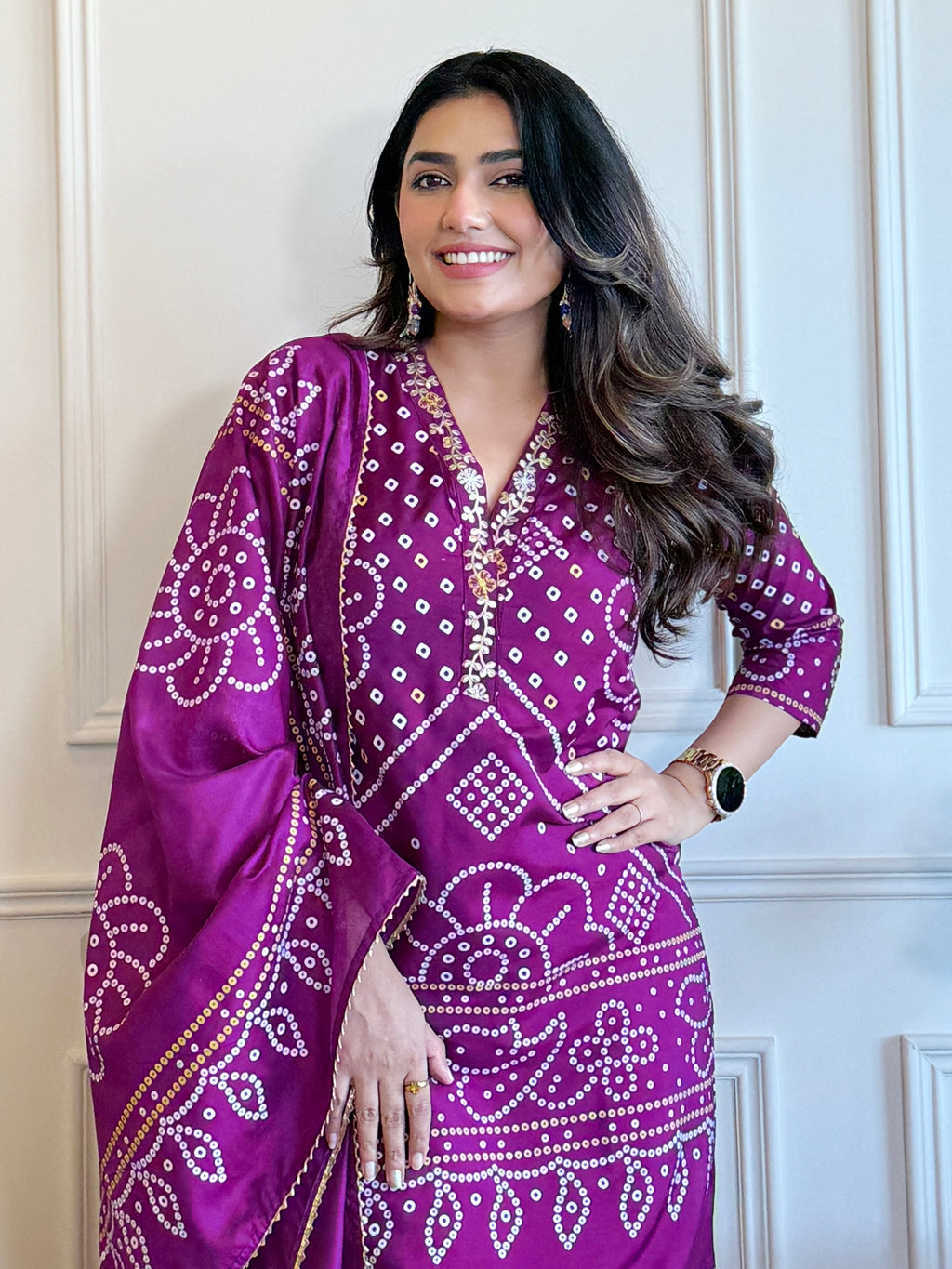 Aadesh Fashion Purple Viscose Bandhani Kurti Pant Set with Chanderi Dupatta