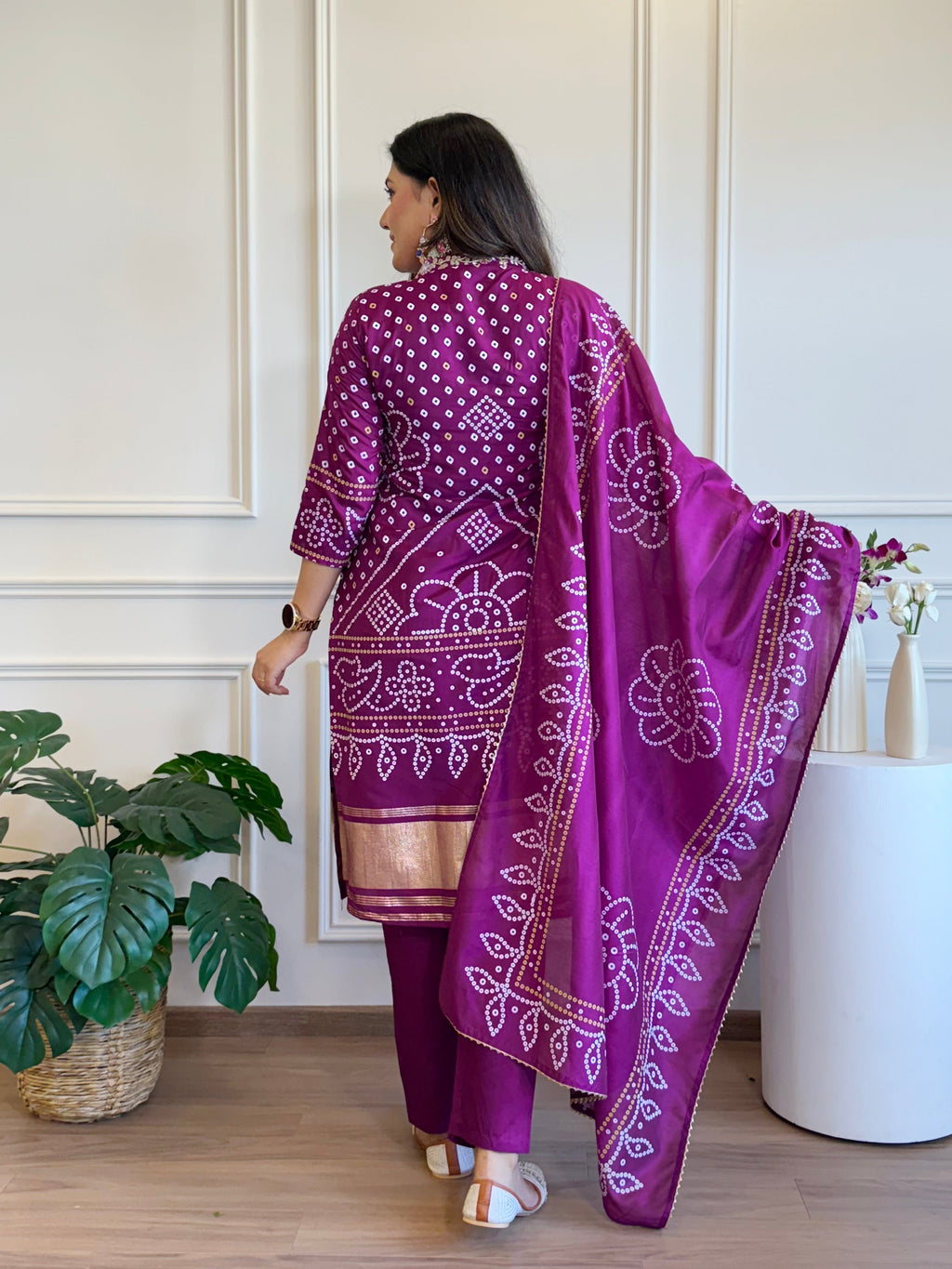 Aadesh Fashion Purple Viscose Bandhani Kurti Pant Set with Chanderi Dupatta