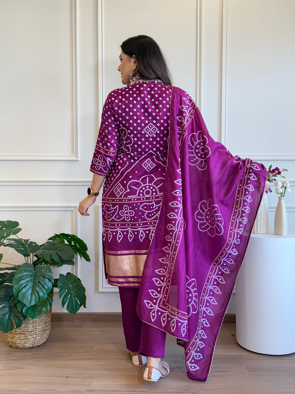 Aadesh Fashion Purple Viscose Bandhani Kurti Pant Set with Chanderi Dupatta