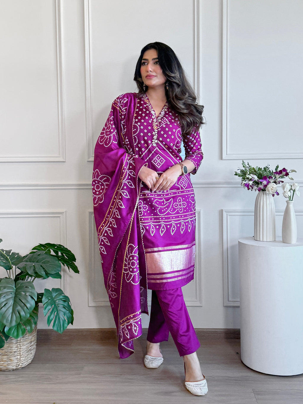 Aadesh Fashion Purple Viscose Bandhani Kurti Pant Set with Chanderi Dupatta