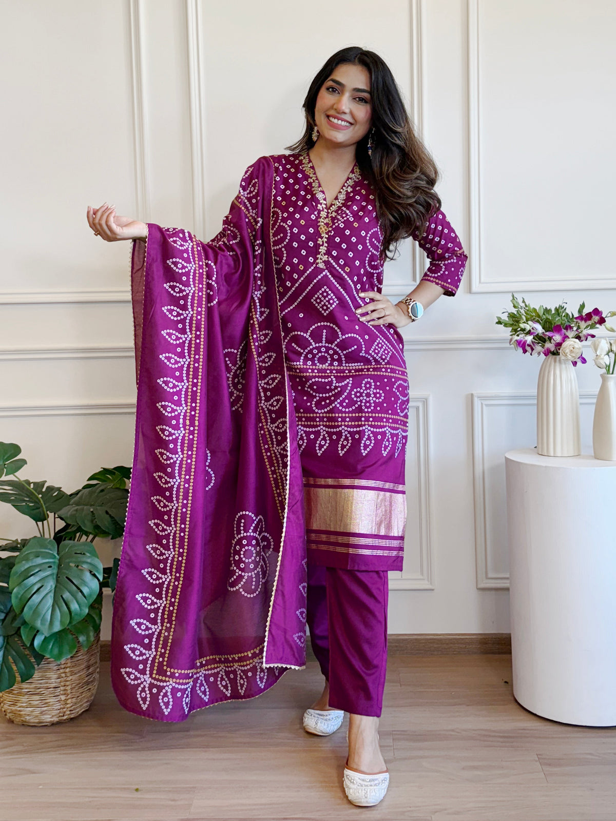 Aadesh Fashion Purple Viscose Bandhani Kurti Pant Set with Chanderi Dupatta