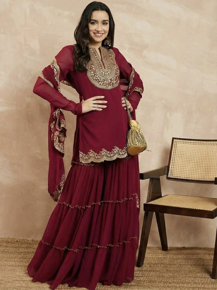 Aadesh Fashion Maroon Faux Georgette Embroidered Sharara Suit Set