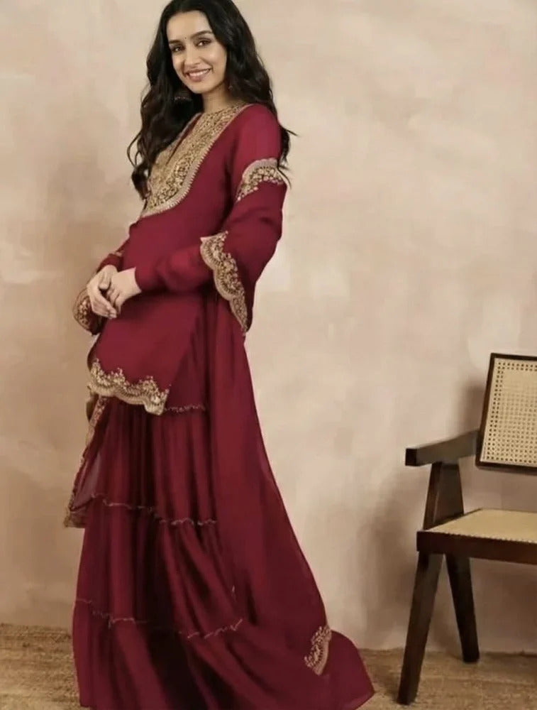 Aadesh Fashion Maroon Faux Georgette Embroidered Sharara Suit Set