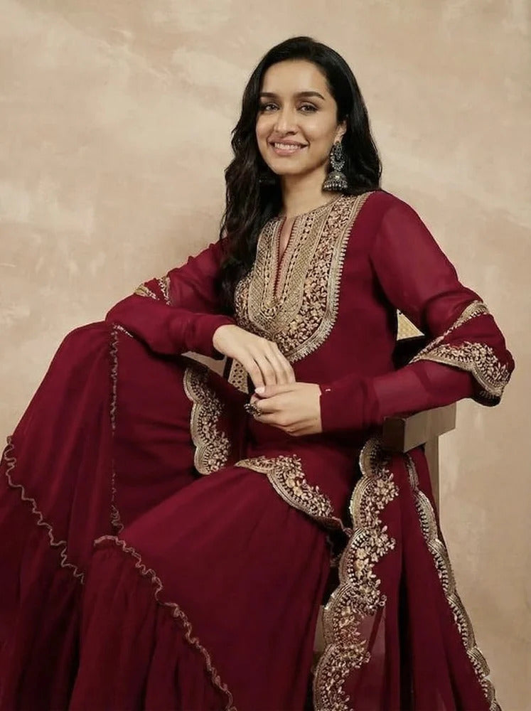 Aadesh Fashion Maroon Faux Georgette Embroidered Sharara Suit Set