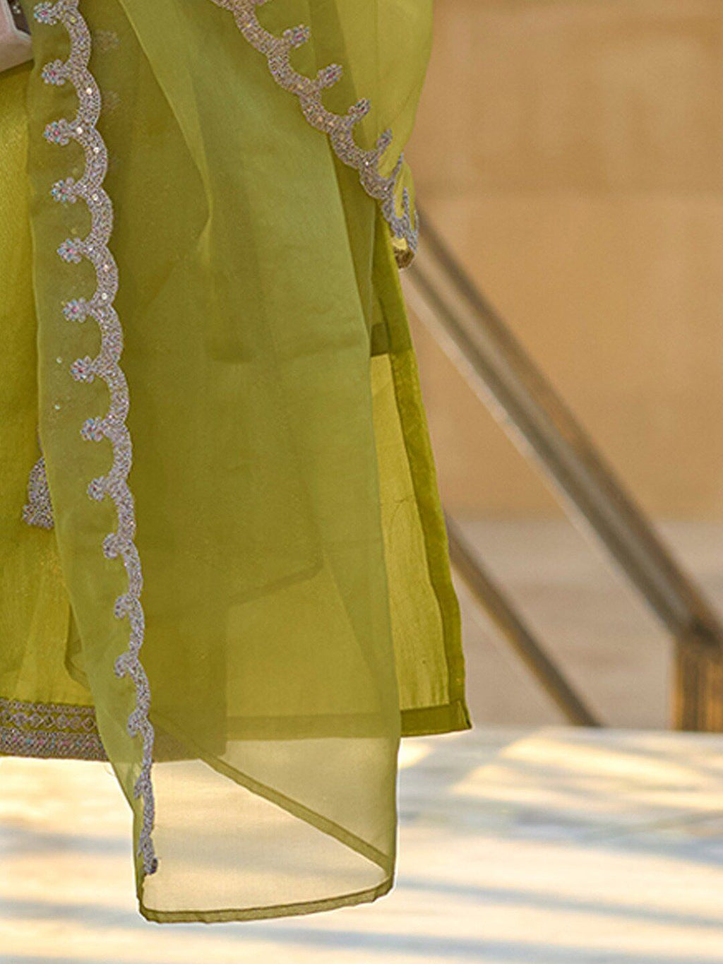 Aadesh Fashion Lucy Olive Lemon Georgette Embroidered Kurti Pant Set with Organza Dupatta