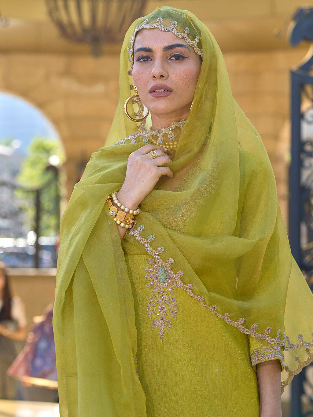 Aadesh Fashion Lucy Olive Lemon Georgette Embroidered Kurti Pant Set with Organza Dupatta