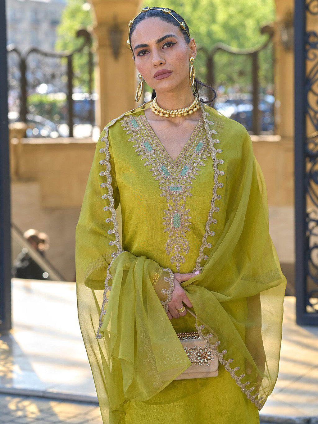 Aadesh Fashion Lucy Olive Lemon Georgette Embroidered Kurti Pant Set with Organza Dupatta