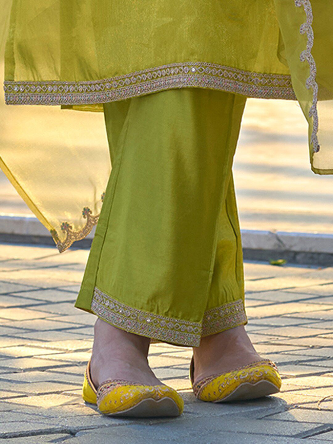 Aadesh Fashion Lucy Olive Lemon Georgette Embroidered Kurti Pant Set with Organza Dupatta
