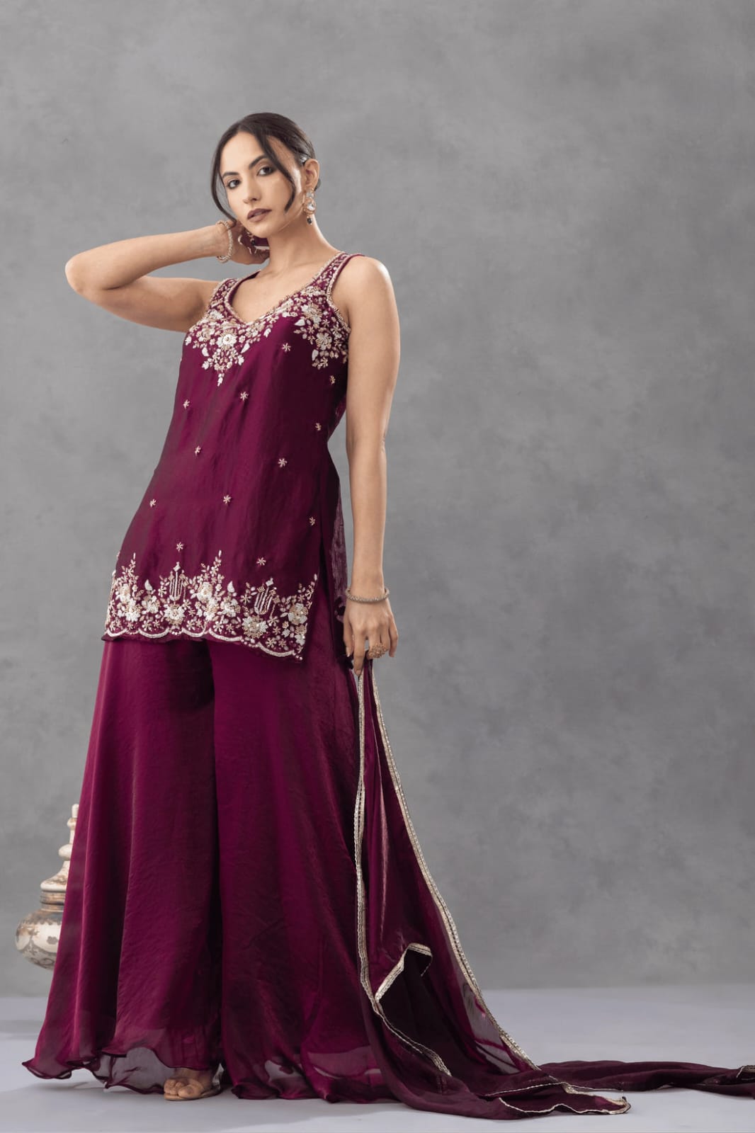 Aadesh Fashion Nazneen Royal Purple Shimmer Satin Short Kurti Sharara Set