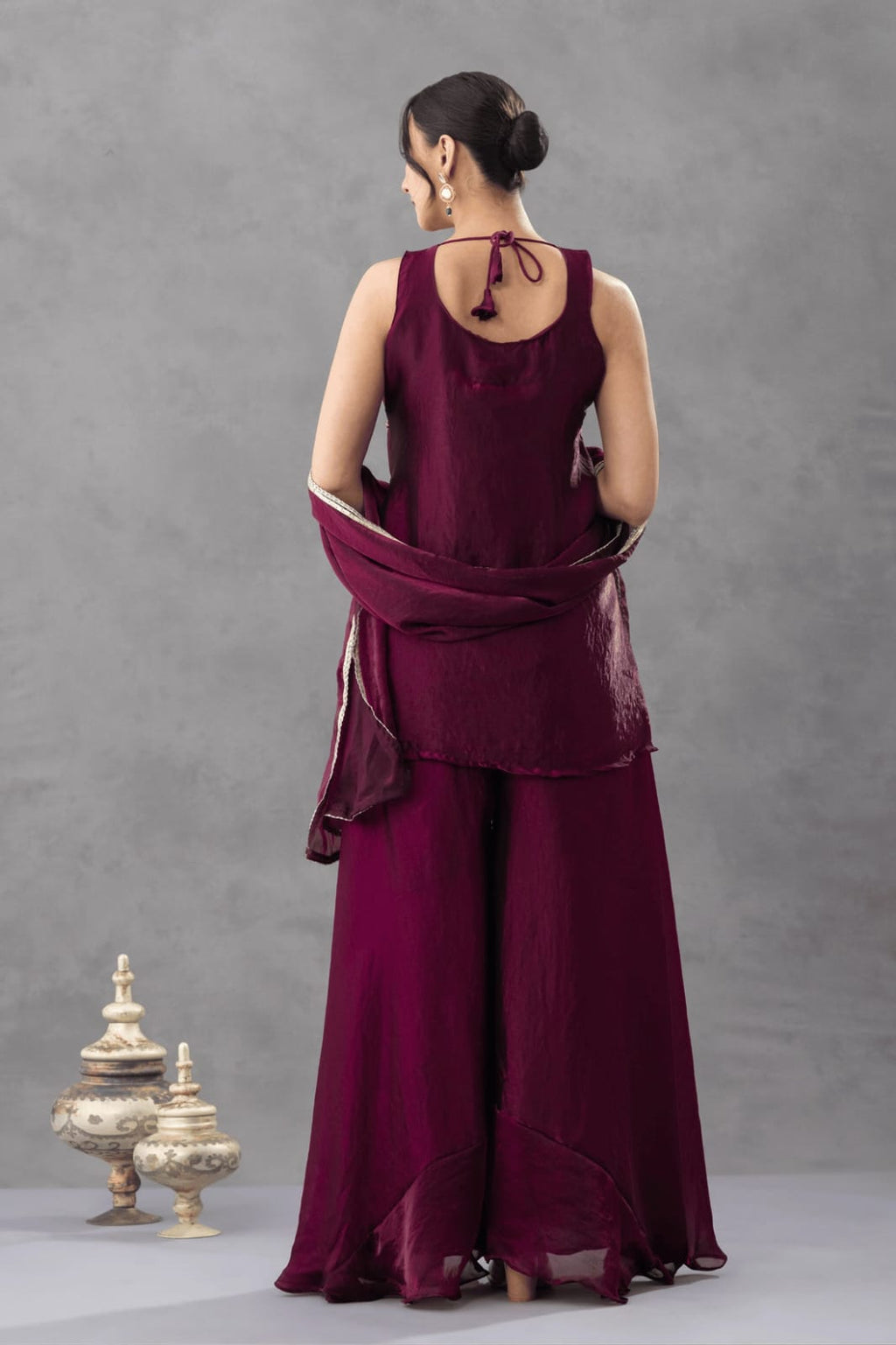 Aadesh Fashion Nazneen Royal Purple Shimmer Satin Short Kurti Sharara Set