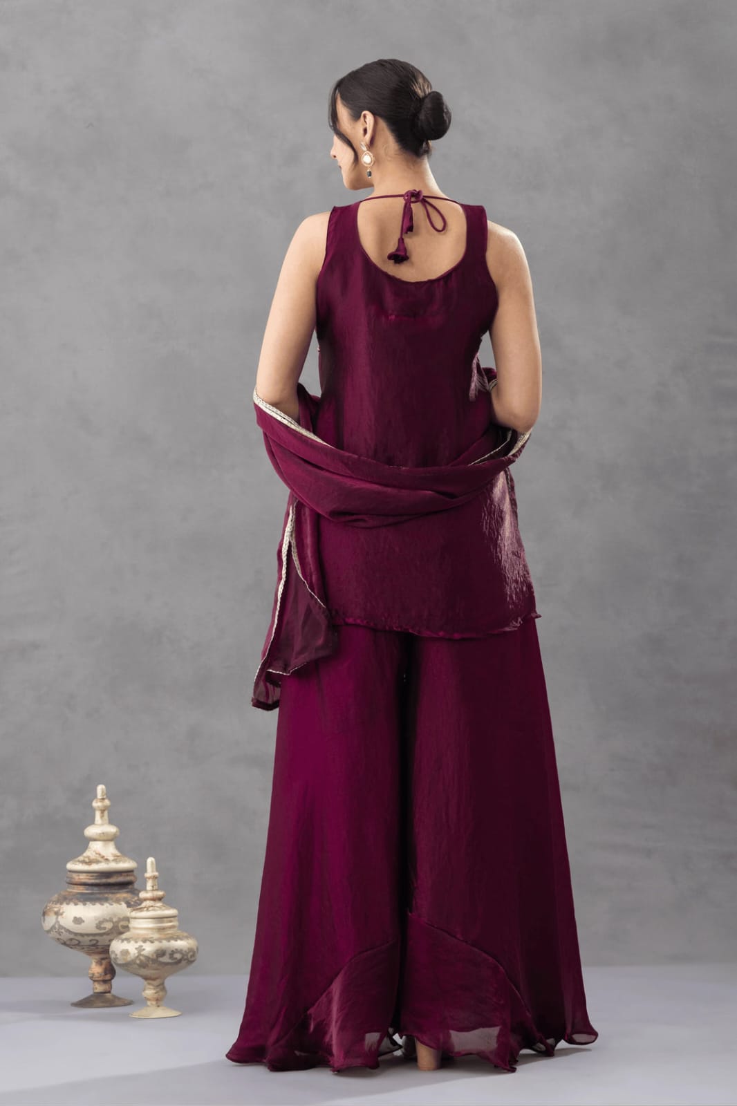 Aadesh Fashion Nazneen Royal Purple Shimmer Satin Short Kurti Sharara Set