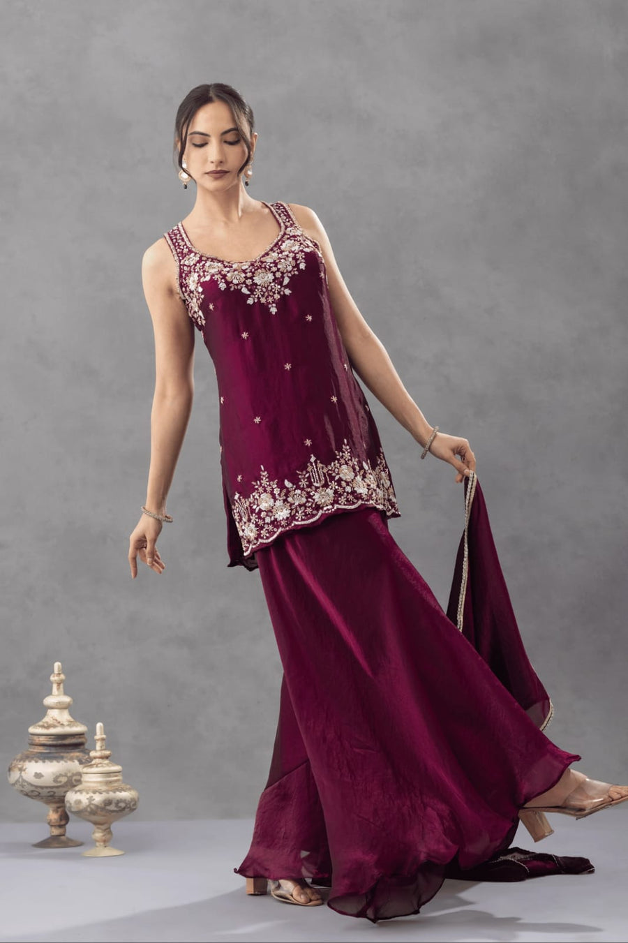 Aadesh Fashion Nazneen Royal Purple Shimmer Satin Short Kurti Sharara Set