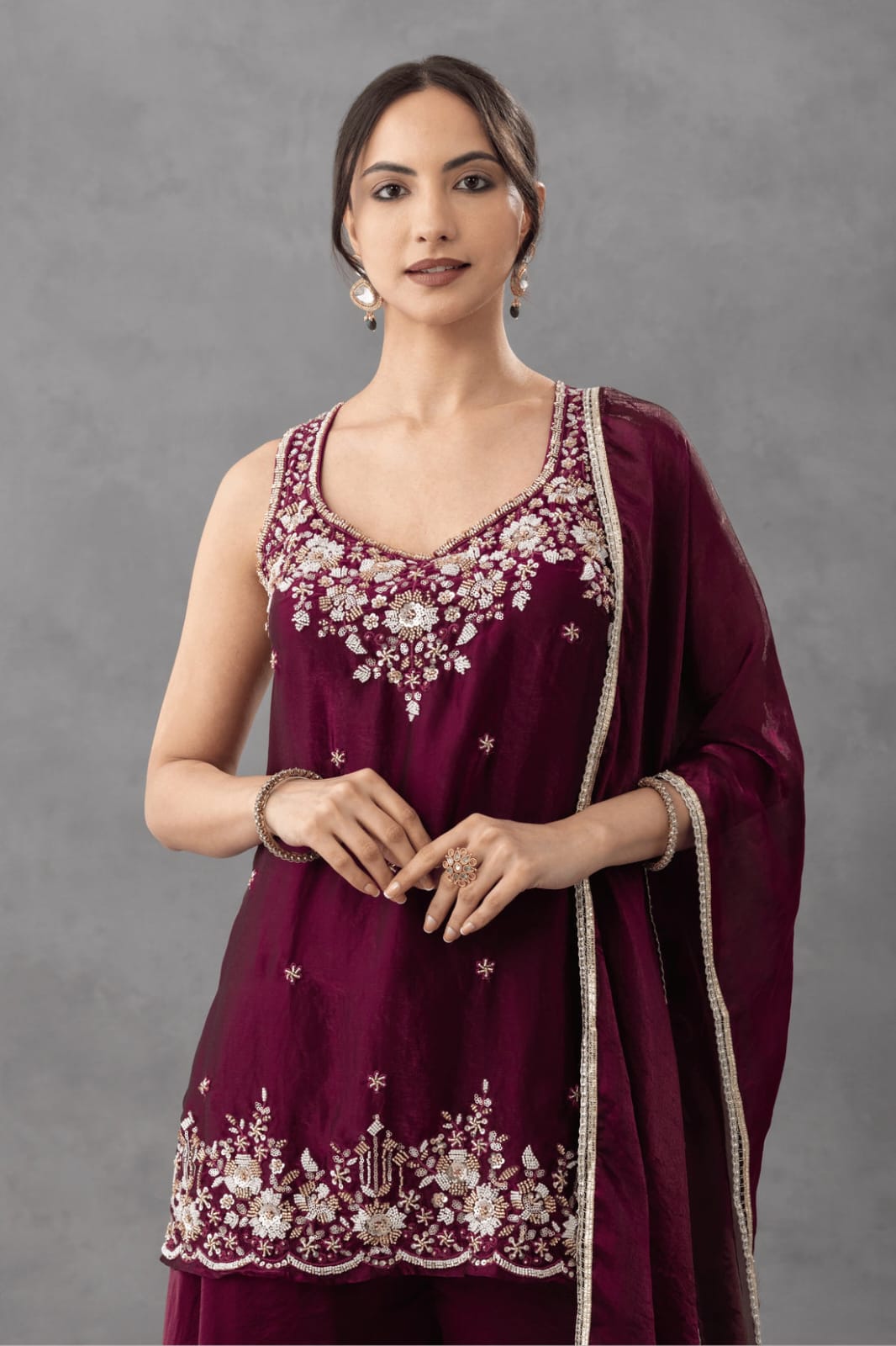 Aadesh Fashion Nazneen Royal Purple Shimmer Satin Short Kurti Sharara Set