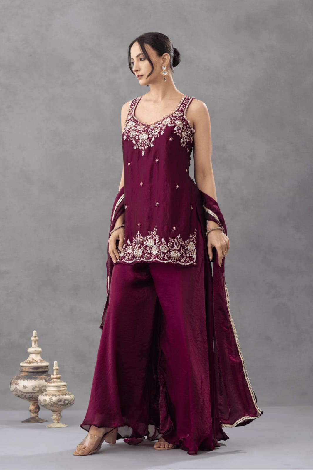 Aadesh Fashion Nazneen Royal Purple Shimmer Satin Short Kurti Sharara Set