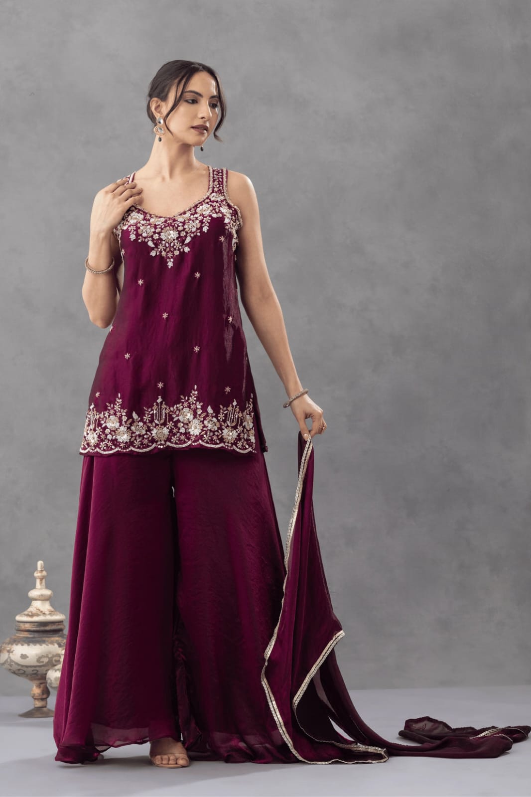 Aadesh Fashion Nazneen Royal Purple Shimmer Satin Short Kurti Sharara Set