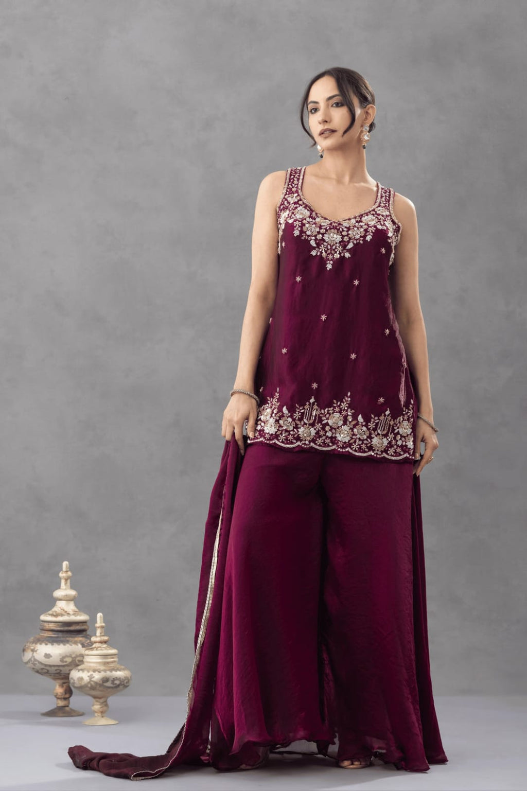 Aadesh Fashion Nazneen Royal Purple Shimmer Satin Short Kurti Sharara Set