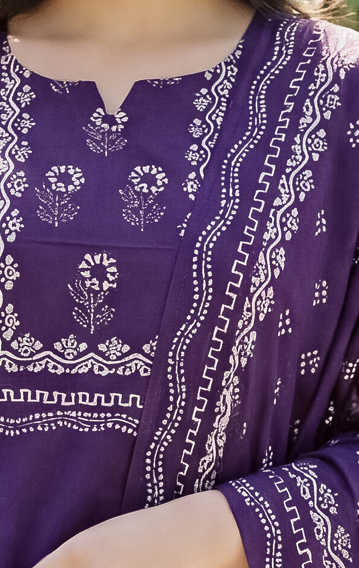 Aadesh Fashion Dark Purple Muslin Position Printed Kurti Pant Set with Dupatta