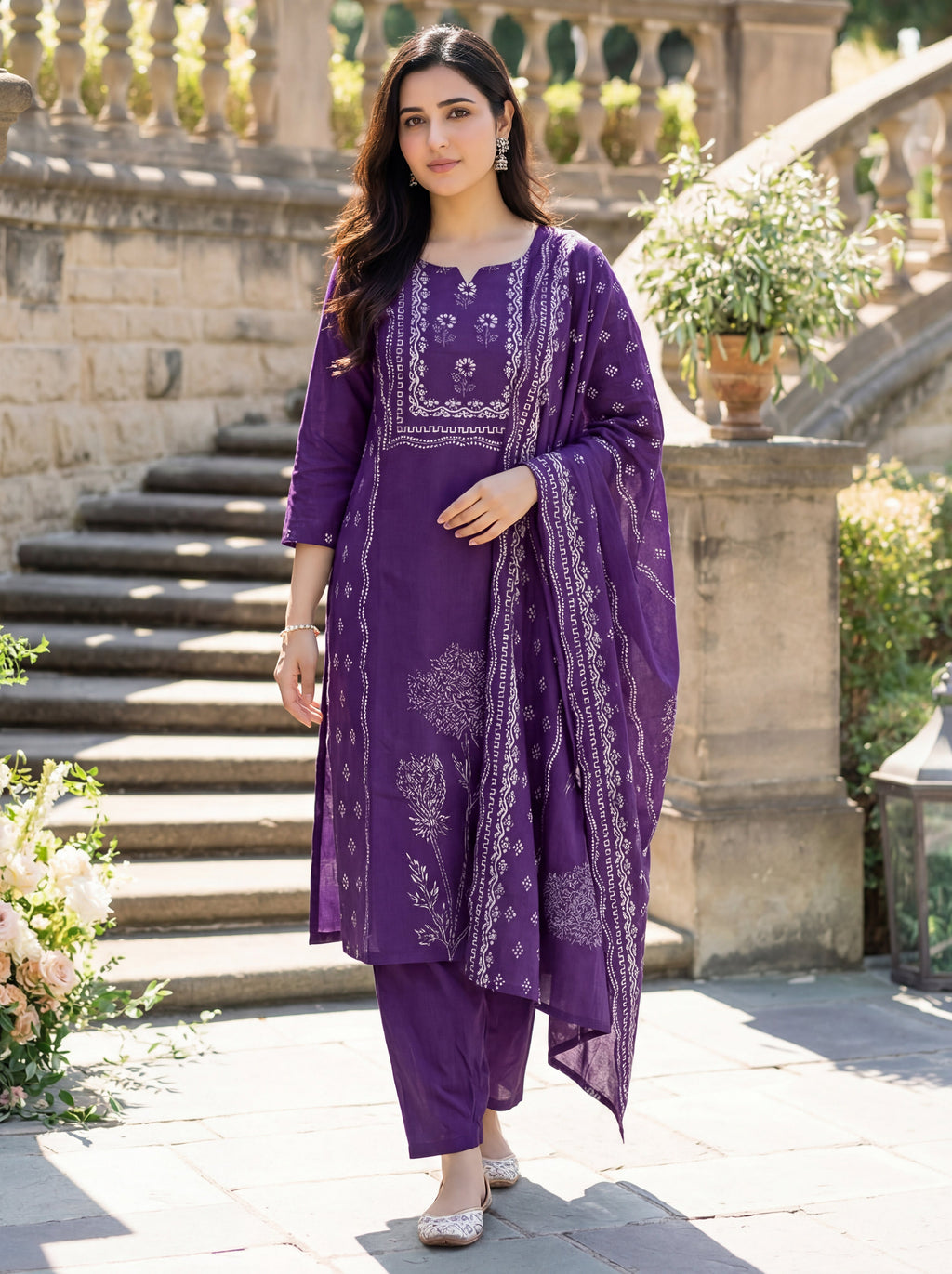 Aadesh Fashion Dark Purple Muslin Position Printed Kurti Pant Set with Dupatta