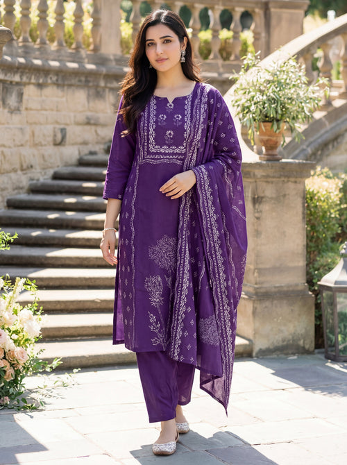Aadesh Fashion Dark Purple Muslin Position Printed Kurti Pant Set with Dupatta
