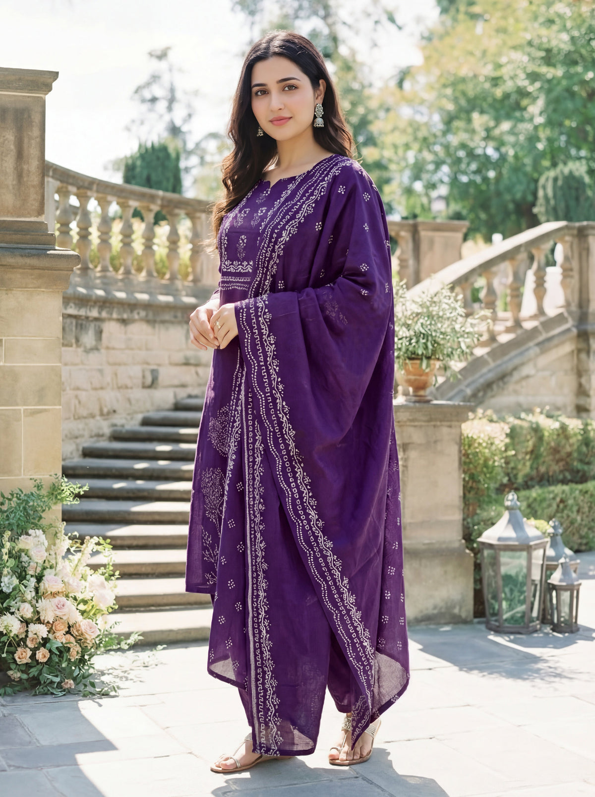 Aadesh Fashion Dark Purple Muslin Position Printed Kurti Pant Set with Dupatta