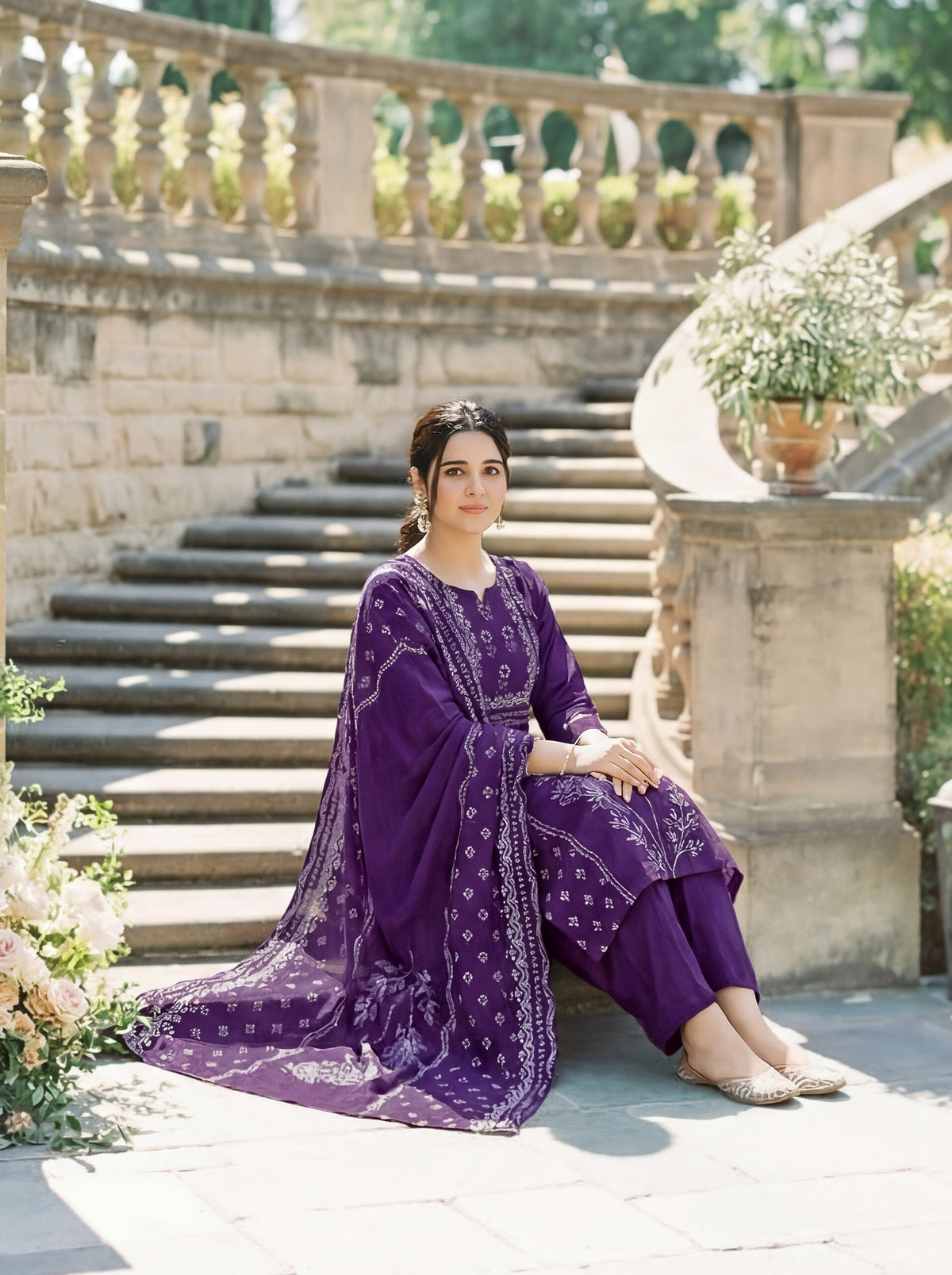 Aadesh Fashion Dark Purple Muslin Position Printed Kurti Pant Set with Dupatta