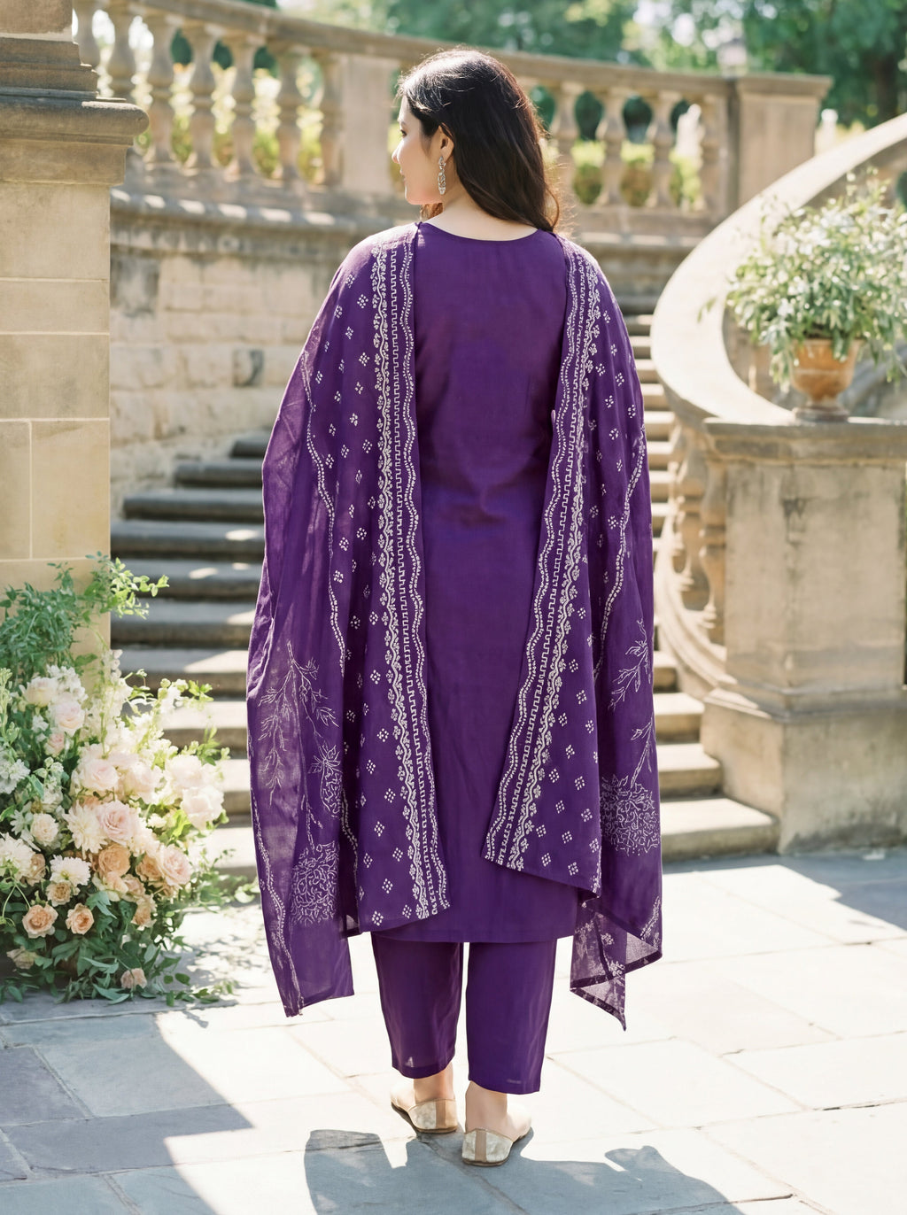 Aadesh Fashion Dark Purple Muslin Position Printed Kurti Pant Set with Dupatta