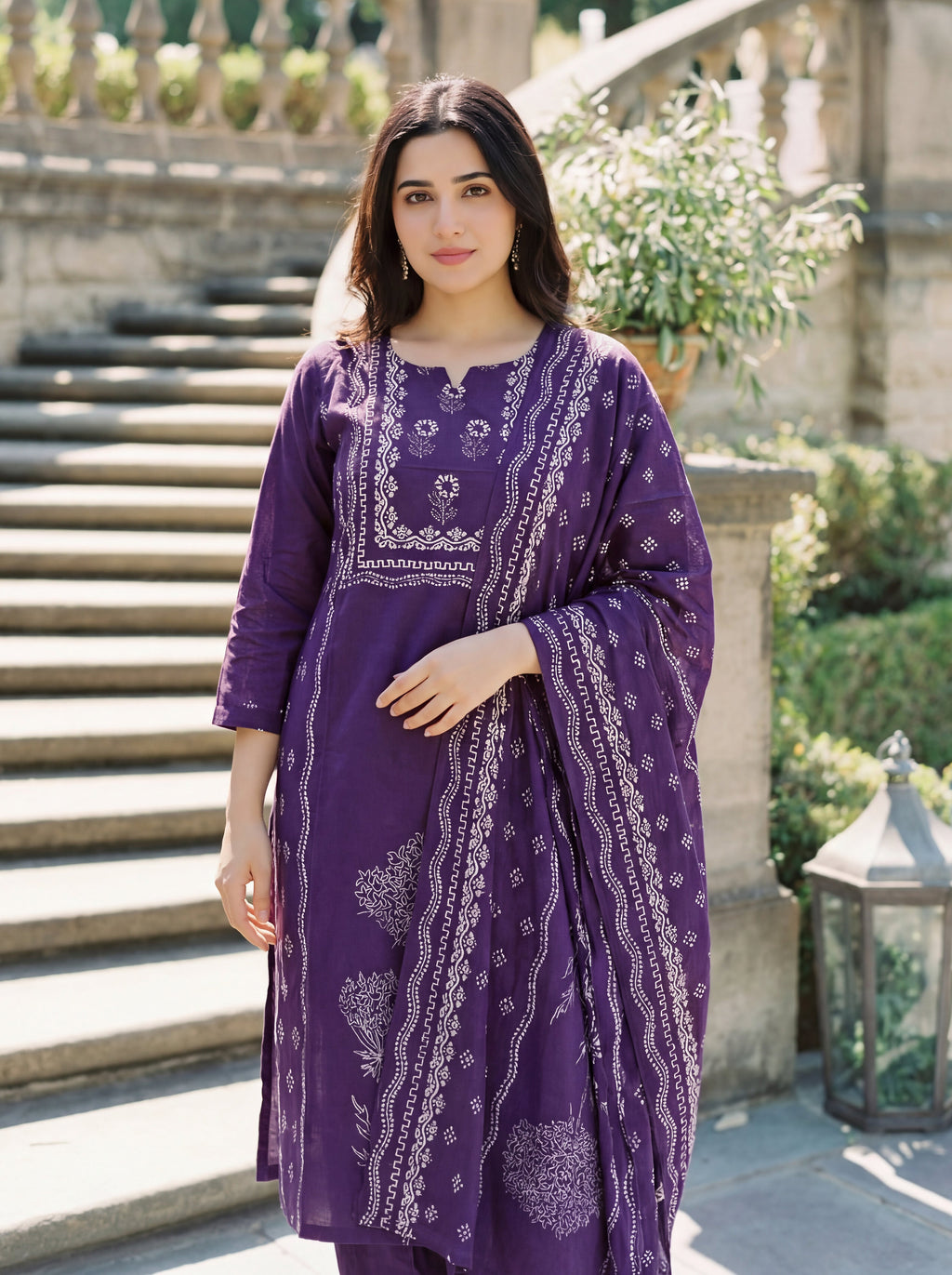 Aadesh Fashion Dark Purple Muslin Position Printed Kurti Pant Set with Dupatta